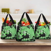 Green Hawaii Grocery Bag Tapa Cloth Mix Tropical Flowers Pastel Vibes