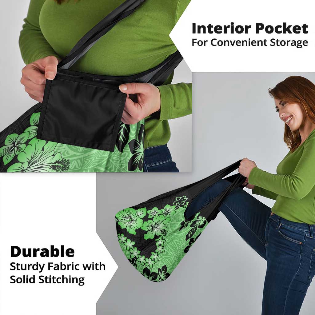 Green Hawaii Grocery Bag Tapa Cloth Mix Tropical Flowers Pastel Vibes