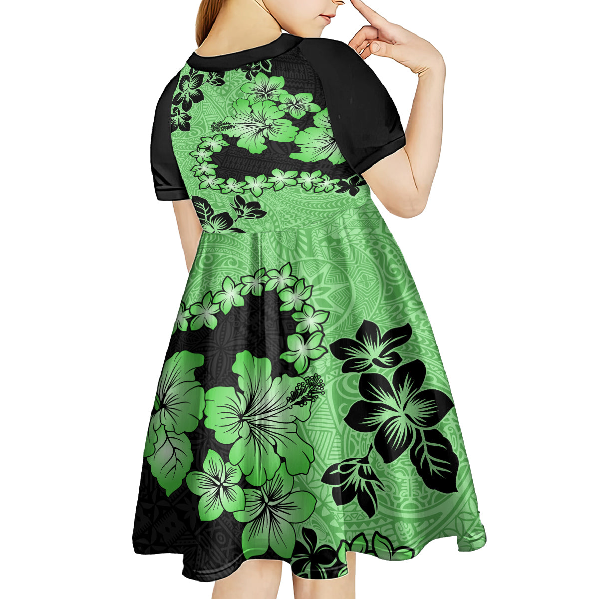 Green Hawaii Kid Short Sleeve Dress Tapa Cloth Mix Tropical Flowers Pastel Vibes LT14 - Polynesian Pride
