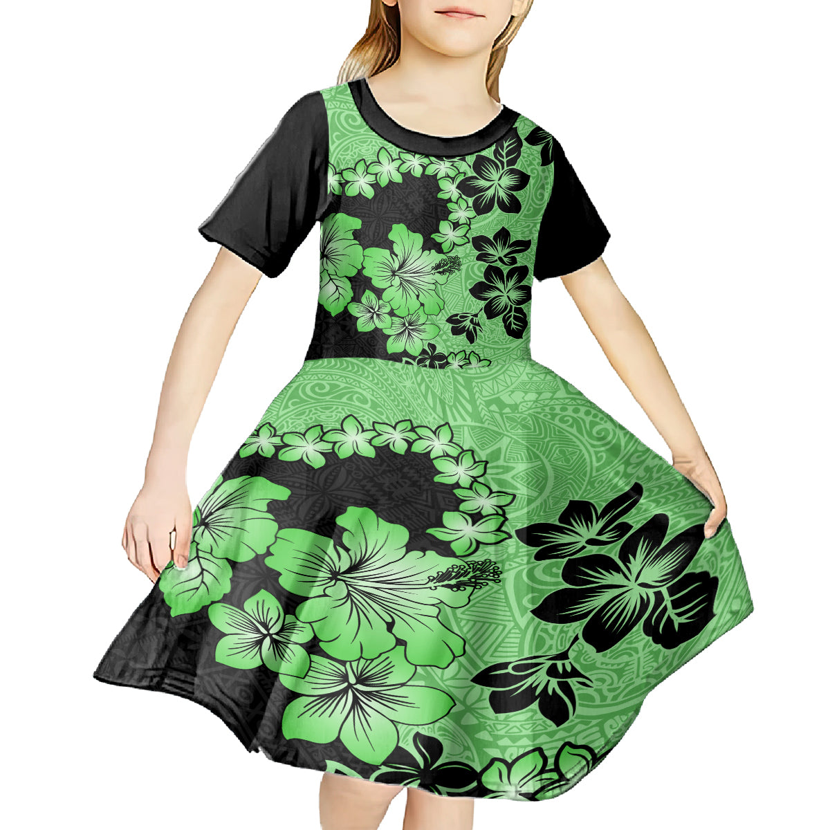 Green Hawaii Kid Short Sleeve Dress Tapa Cloth Mix Tropical Flowers Pastel Vibes LT14 - Polynesian Pride