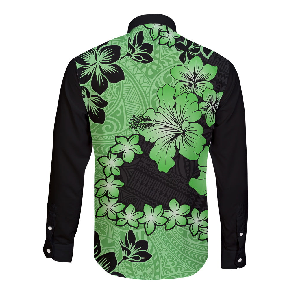 Green Hawaii Long Sleeve Button Shirt Tapa Cloth Mix Tropical Flowers Pastel Vibes LT14 - Polynesian Pride
