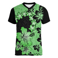 Green Hawaii Women V Neck T Shirt Tapa Cloth Mix Tropical Flowers Pastel Vibes LT14 Female Green - Polynesian Pride