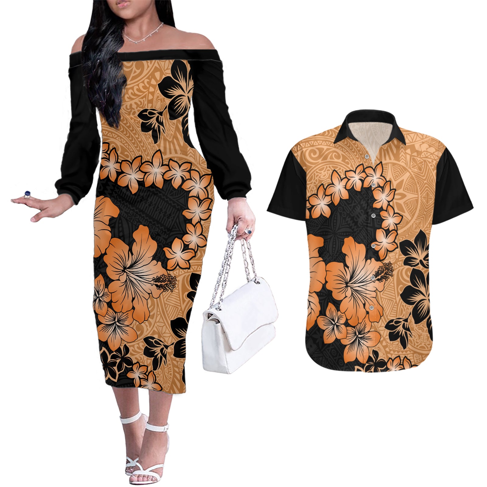 Orange Hawaii Couples Matching Off The Shoulder Long Sleeve Dress and Hawaiian Shirt Tapa Cloth Mix Tropical Flowers Pastel Vibes LT14 Orange - Polynesian Pride