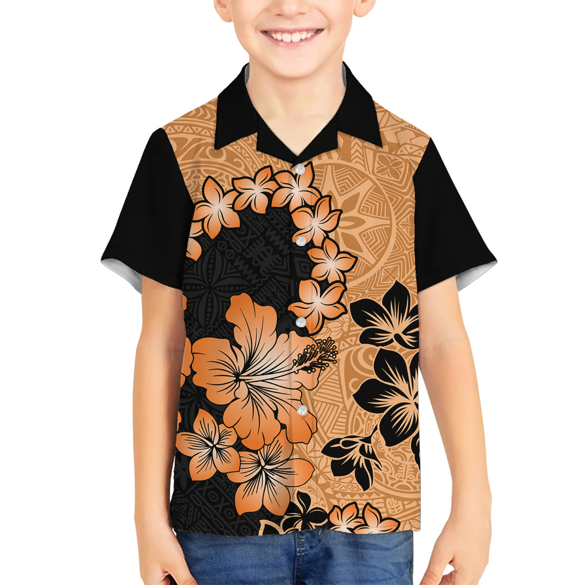 Orange Hawaii Family Matching Long Sleeve Bodycon Dress and Hawaiian Shirt Tapa Cloth Mix Tropical Flowers Pastel Vibes LT14 Son's Shirt Orange - Polynesian Pride