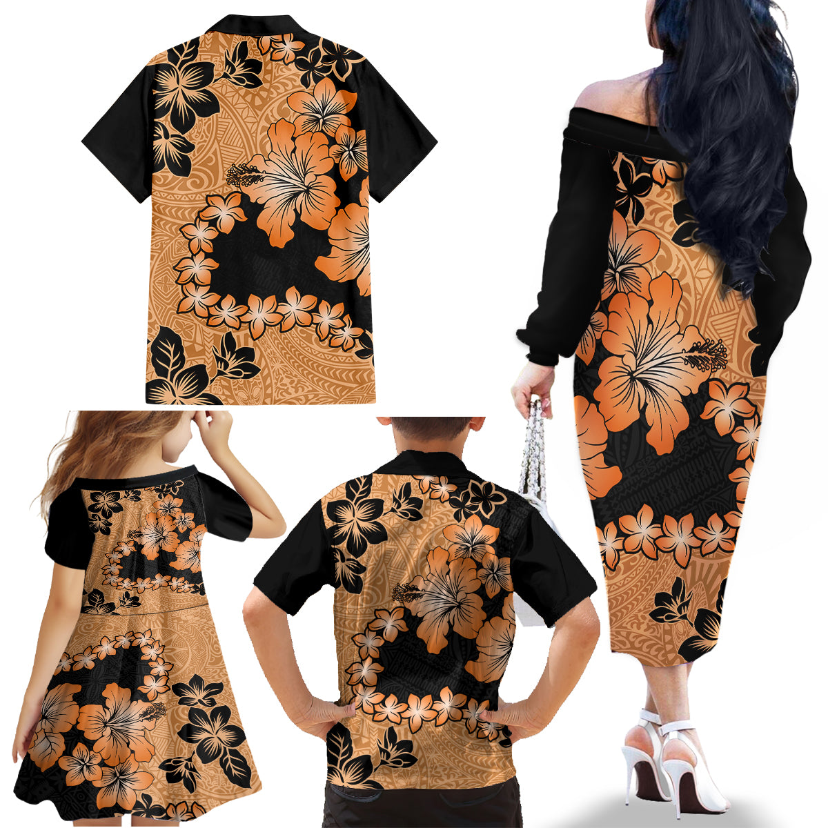 Orange Hawaii Family Matching Off Shoulder Long Sleeve Dress and Hawaiian Shirt Tapa Cloth Mix Tropical Flowers Pastel Vibes LT14 - Polynesian Pride