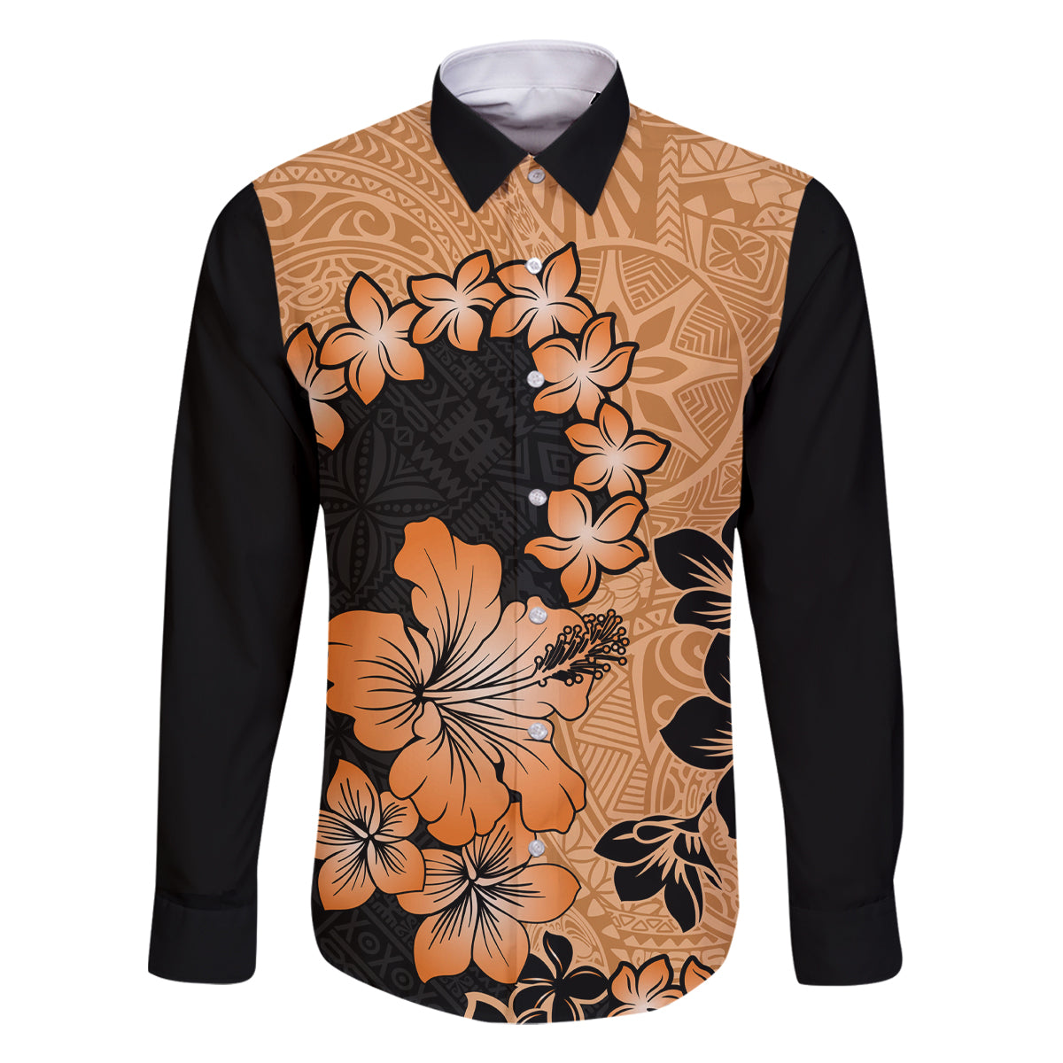 Orange Hawaii Family Matching Off Shoulder Maxi Dress and Hawaiian Shirt Tapa Cloth Mix Tropical Flowers Pastel Vibes LT14 Dad's Shirt - Long Sleeve Orange - Polynesian Pride