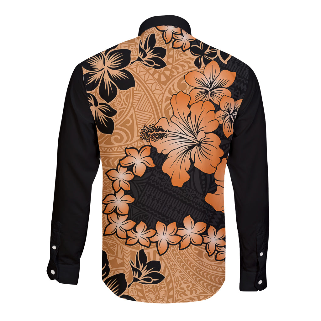 Orange Hawaii Long Sleeve Button Shirt Tapa Cloth Mix Tropical Flowers Pastel Vibes LT14 - Polynesian Pride