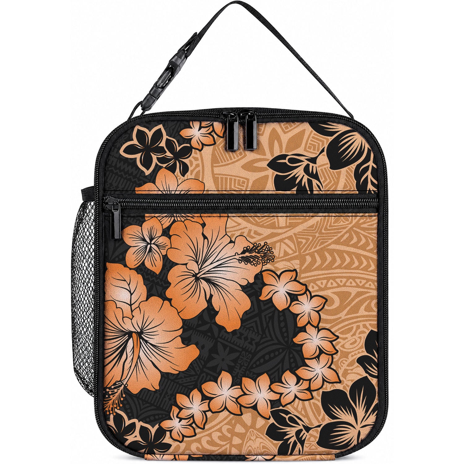 Orange Hawaii Lunch Bag Tapa Cloth Mix Tropical Flowers Pastel Vibes LT14 10.2 × 8.3 × 4.3 inch Orange - Polynesian Pride