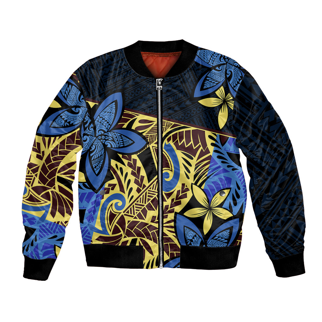 Polynesia Fabric Bomber Jacket Polynesian Tribal With Frangipani Flowers LT14 Unisex Blue - Polynesian Pride