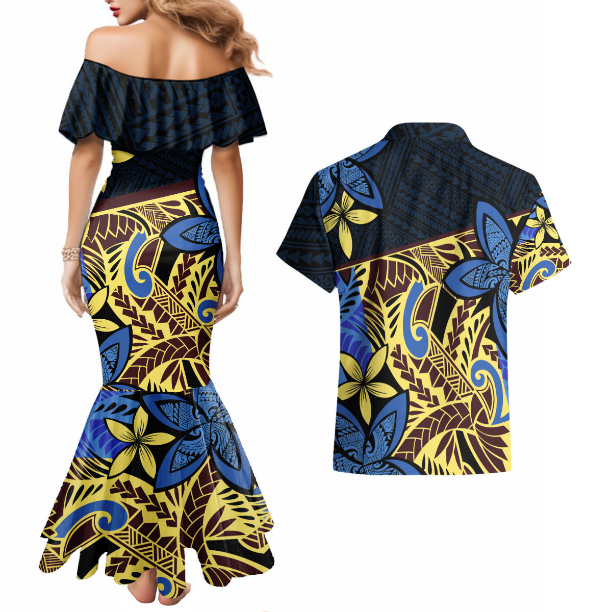 Polynesia Fabric Couples Matching Mermaid Dress and Hawaiian Shirt Polynesian Tribal With Frangipani Flowers LT14 - Polynesian Pride