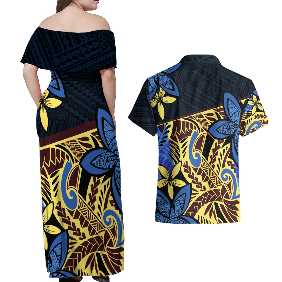 Polynesia Fabric Couples Matching Off Shoulder Maxi Dress and Hawaiian Shirt Polynesian Tribal With Frangipani Flowers LT14 - Polynesian Pride