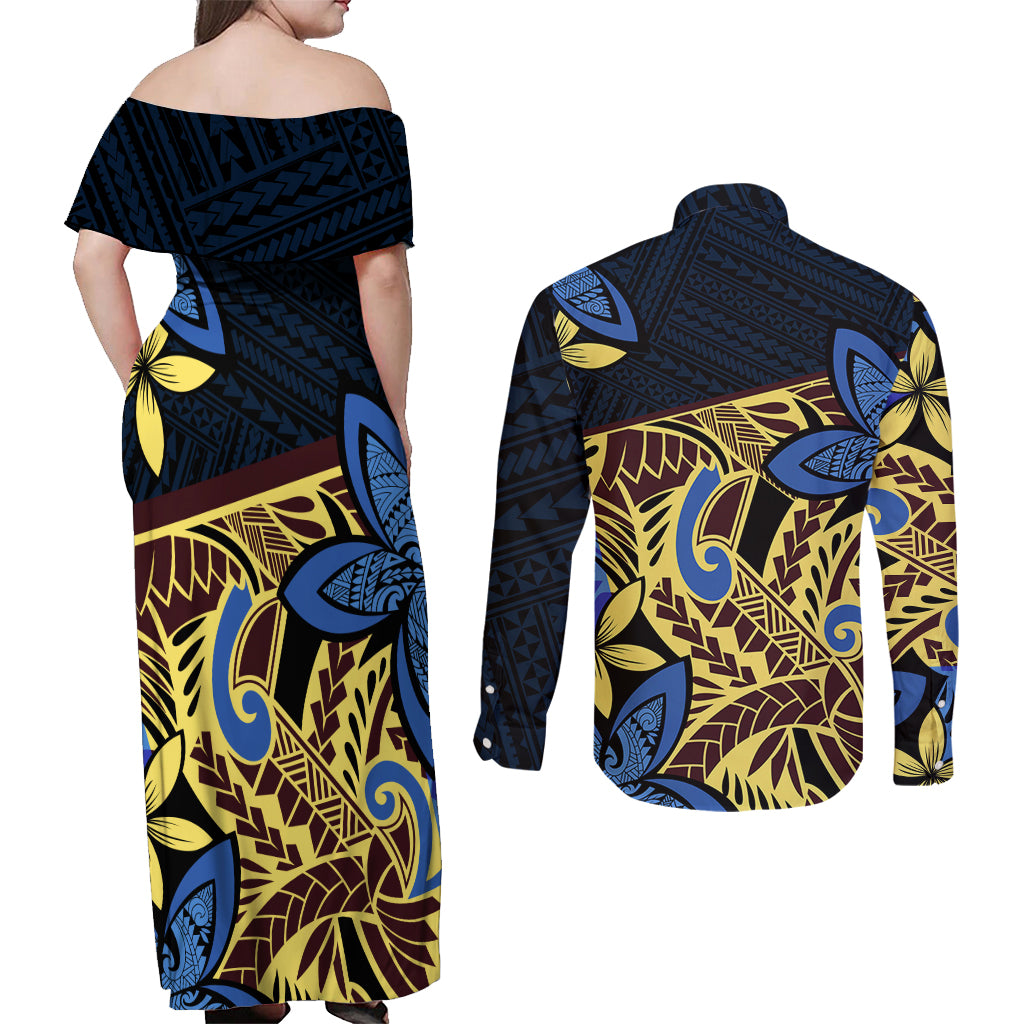 Polynesia Fabric Couples Matching Off Shoulder Maxi Dress and Long Sleeve Button Shirt Polynesian Tribal With Frangipani Flowers LT14 - Polynesian Pride