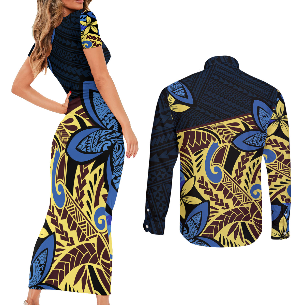 Polynesia Fabric Couples Matching Short Sleeve Bodycon Dress and Long Sleeve Button Shirt Polynesian Tribal With Frangipani Flowers LT14 - Polynesian Pride