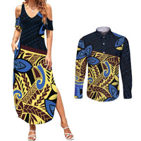 Polynesia Fabric Couples Matching Summer Maxi Dress and Long Sleeve Button Shirt Polynesian Tribal With Frangipani Flowers LT14 Blue - Polynesian Pride