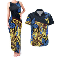 Polynesia Fabric Couples Matching Tank Maxi Dress and Hawaiian Shirt Polynesian Tribal With Frangipani Flowers LT14 Blue - Polynesian Pride