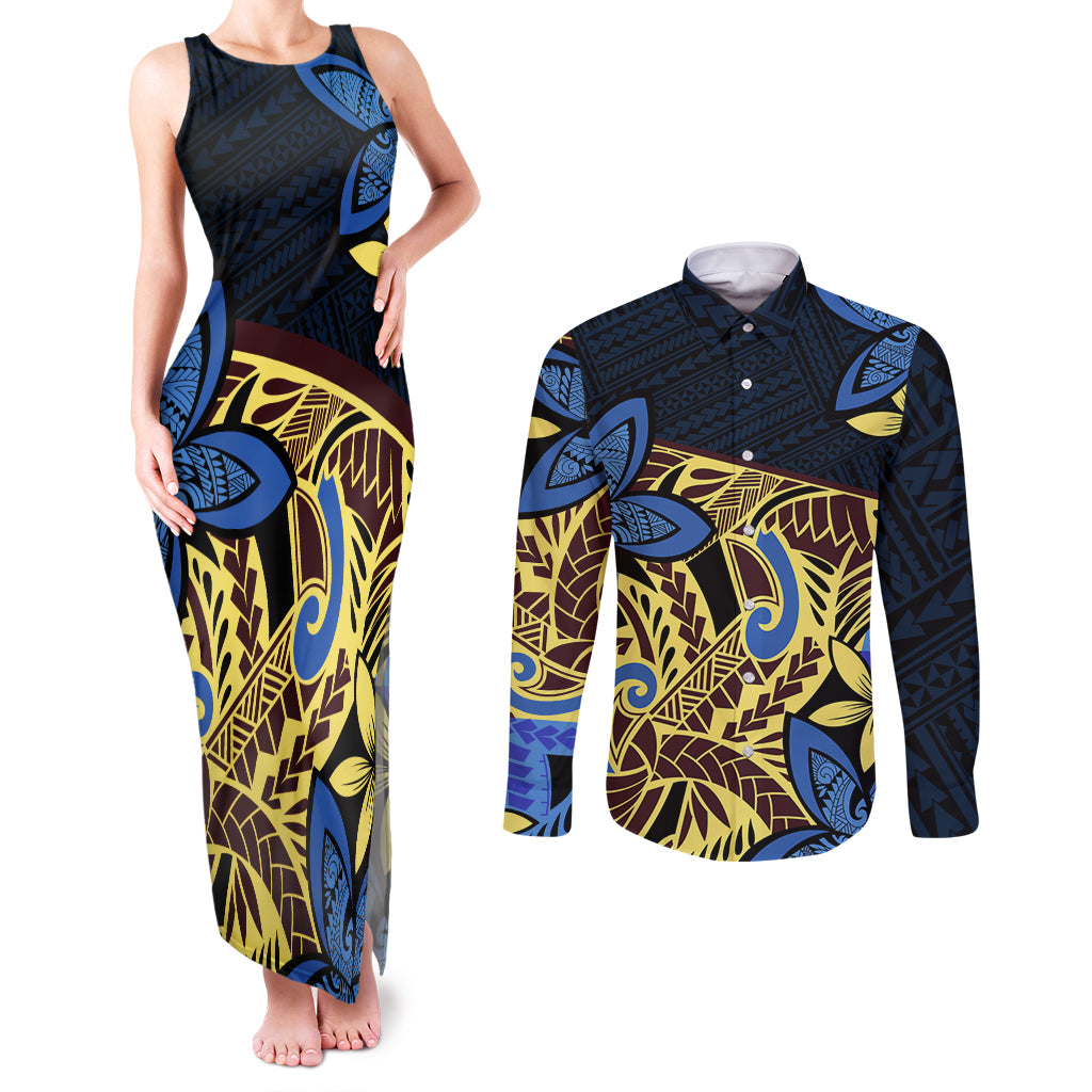 Polynesia Fabric Couples Matching Tank Maxi Dress and Long Sleeve Button Shirt Polynesian Tribal With Frangipani Flowers LT14 Blue - Polynesian Pride