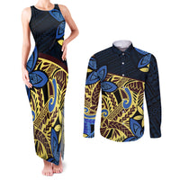 Polynesia Fabric Couples Matching Tank Maxi Dress and Long Sleeve Button Shirt Polynesian Tribal With Frangipani Flowers LT14 Blue - Polynesian Pride
