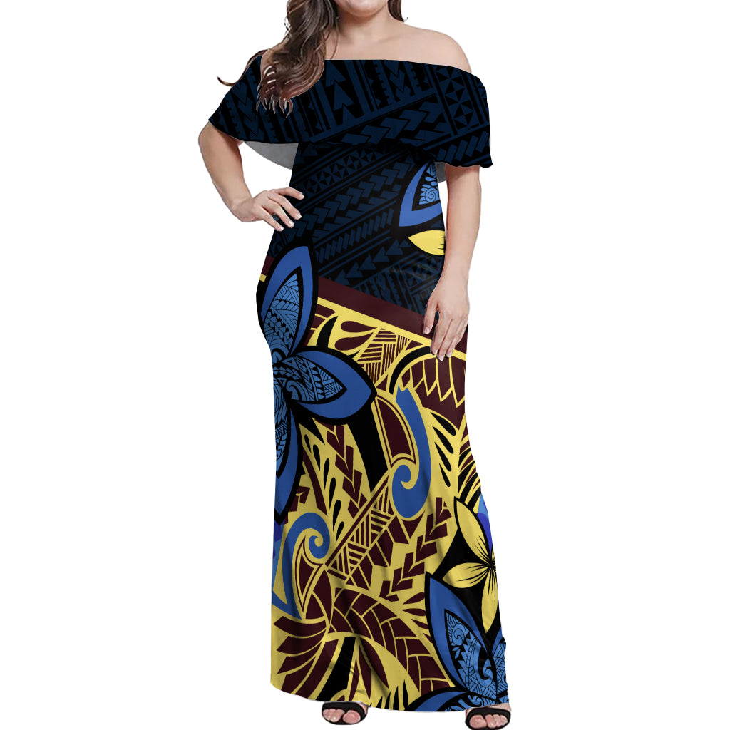 Polynesia Fabric Off Shoulder Maxi Dress Polynesian Tribal With Frangipani Flowers LT14 Women Blue - Polynesian Pride