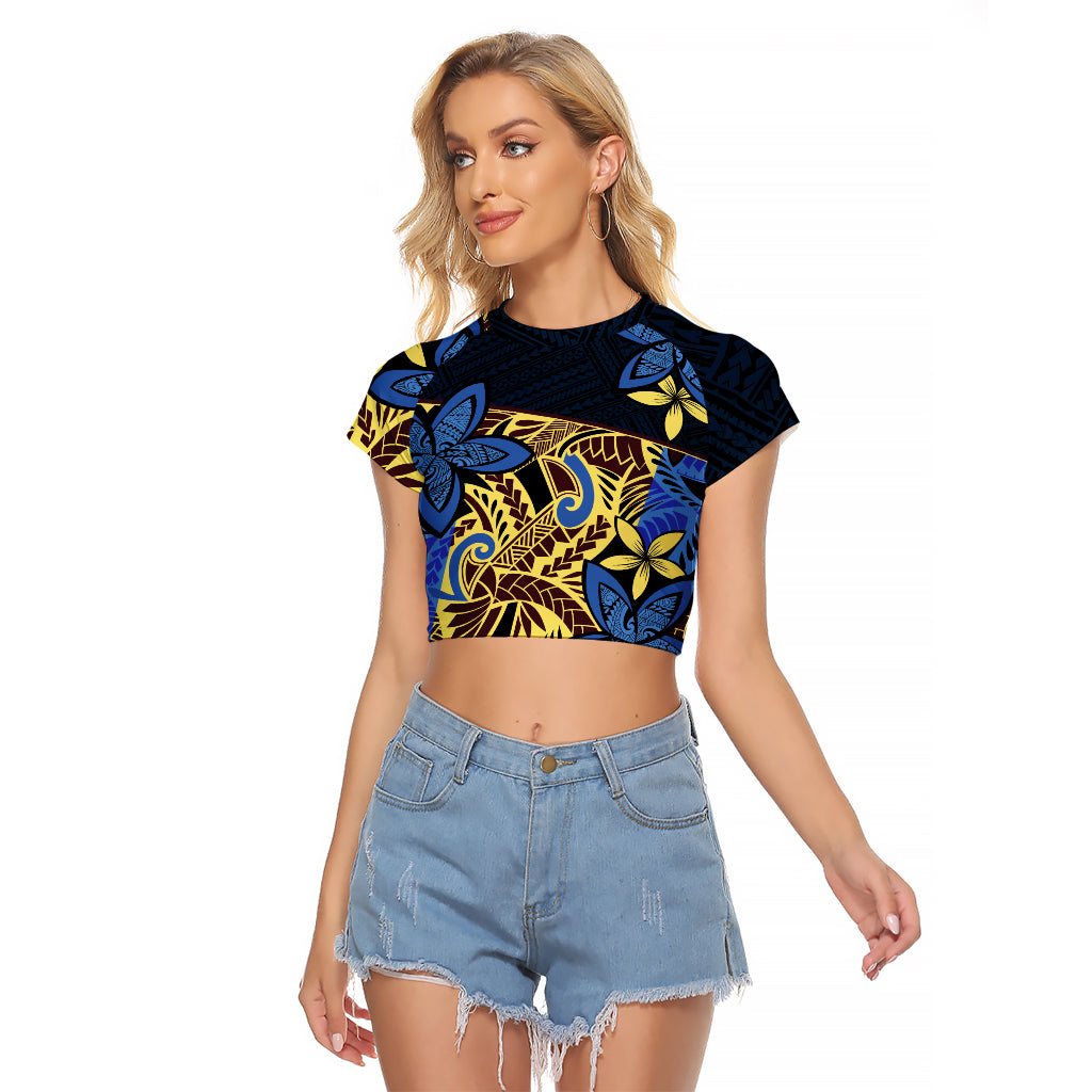 Polynesia Fabric Raglan Cropped T Shirt Polynesian Tribal With Frangipani Flowers LT14 Female Blue - Polynesian Pride