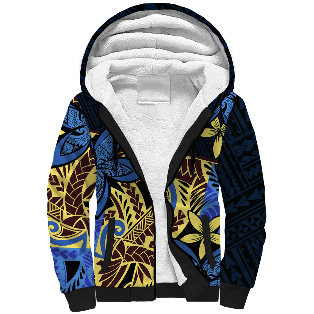Polynesia Fabric Sherpa Hoodie Polynesian Tribal With Frangipani Flowers LT14 Unisex Blue - Polynesian Pride