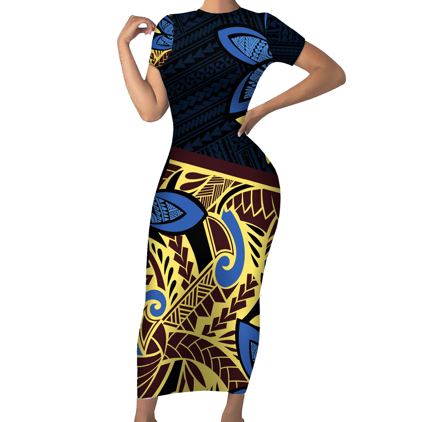Polynesia Fabric Short Sleeve Bodycon Dress Polynesian Tribal With Frangipani Flowers LT14 Long Dress Blue - Polynesian Pride