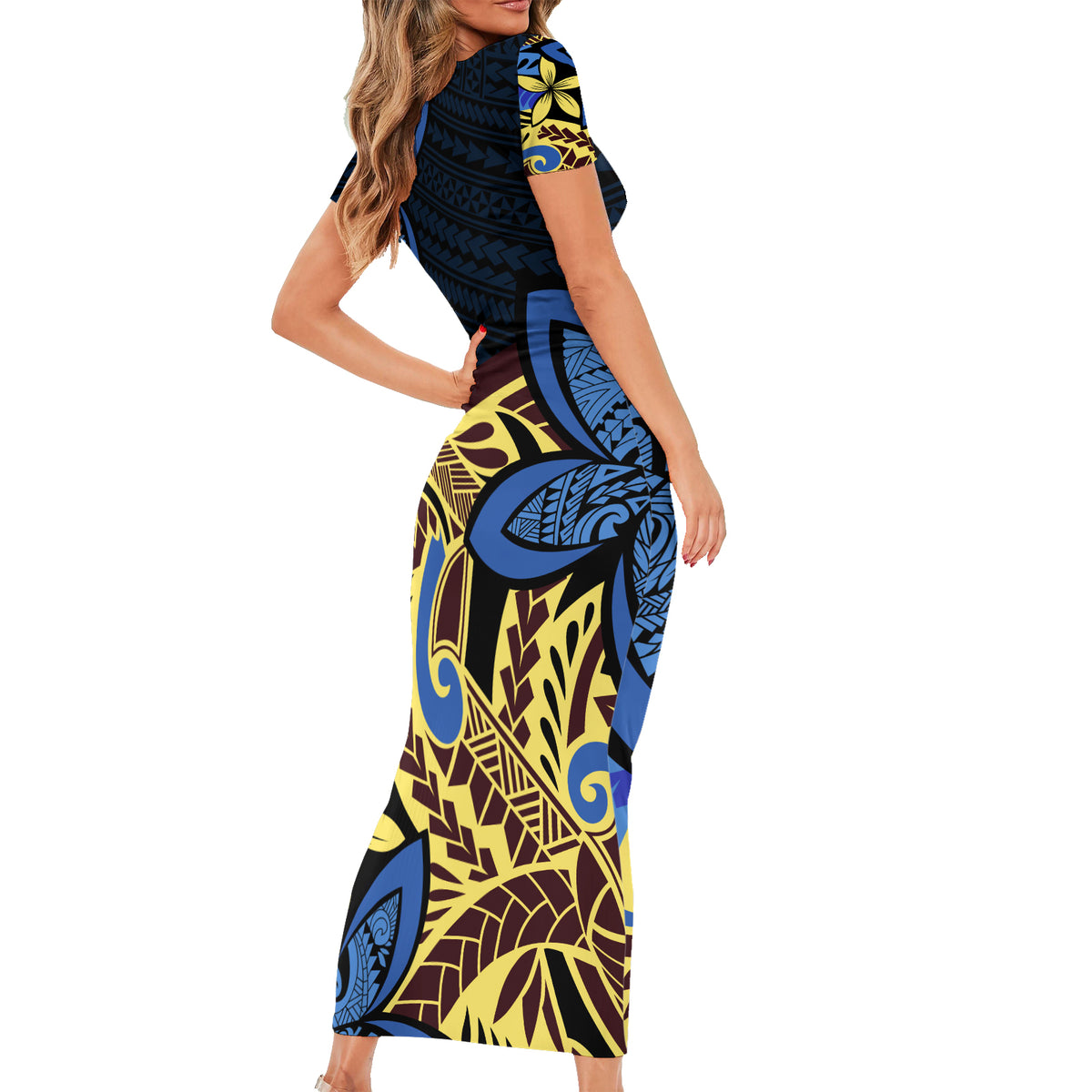 Polynesia Fabric Short Sleeve Bodycon Dress Polynesian Tribal With Frangipani Flowers LT14 - Polynesian Pride