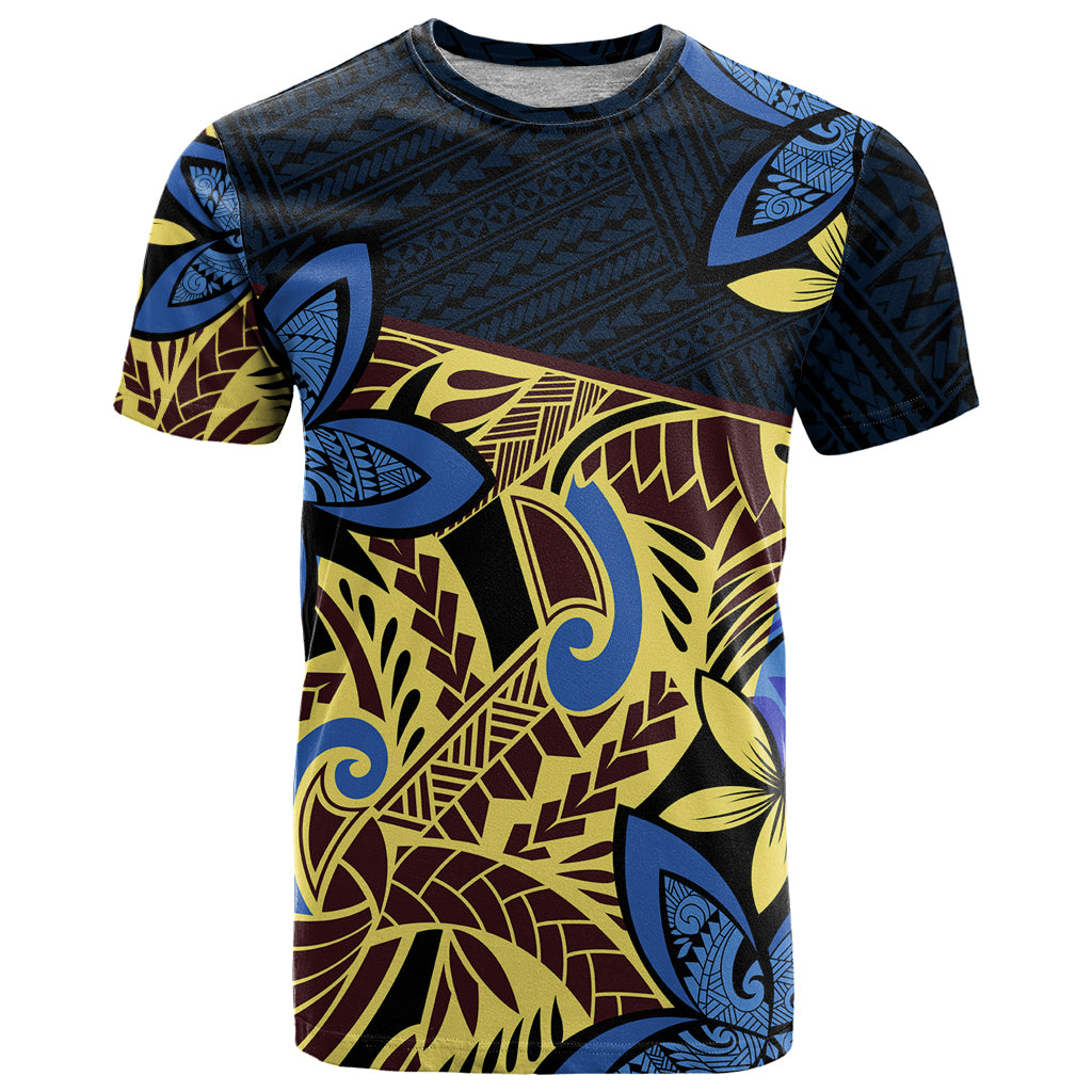 Polynesia Fabric T Shirt Polynesian Tribal With Frangipani Flowers LT14 Blue - Polynesian Pride