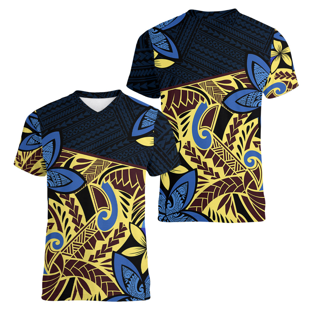 Polynesia Fabric Women V Neck T Shirt Polynesian Tribal With Frangipani Flowers LT14 - Polynesian Pride