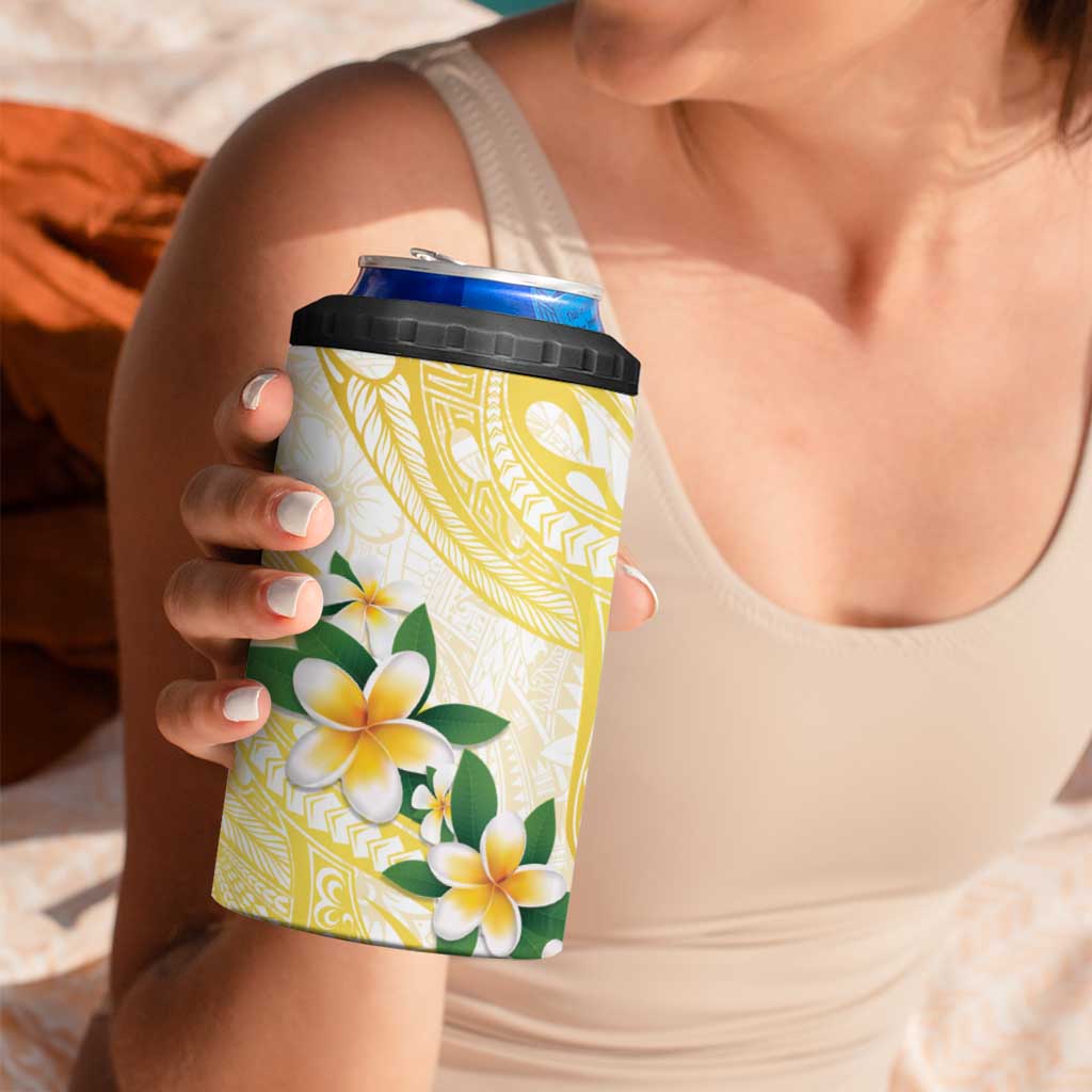 Gold And White Polynesia Plumeria 4 in 1 Can Cooler Tumbler Curves Tropical Vibes