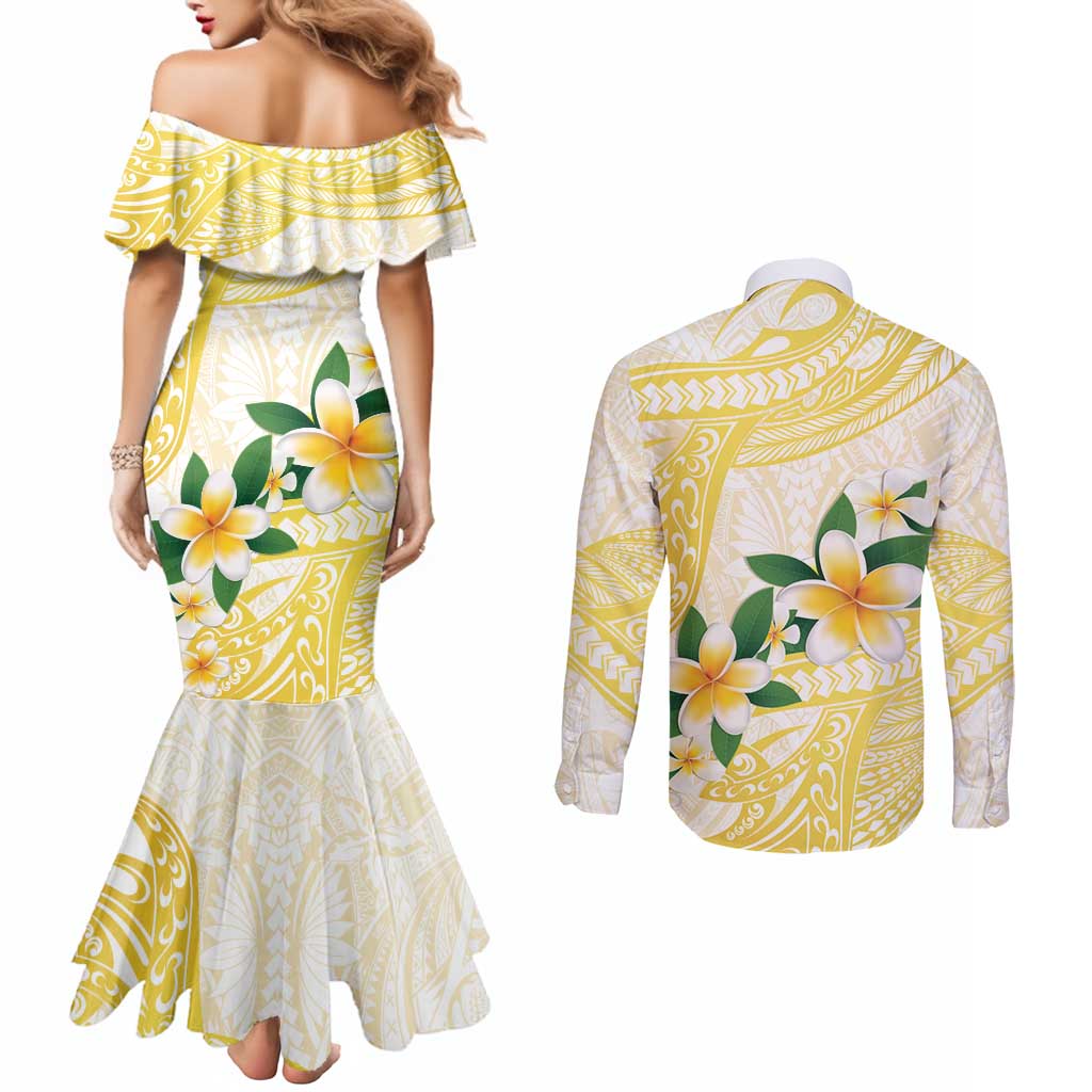 Gold And White Polynesia Plumeria Couples Matching Mermaid Dress and Long Sleeve Button Shirt Curves Tropical Vibes