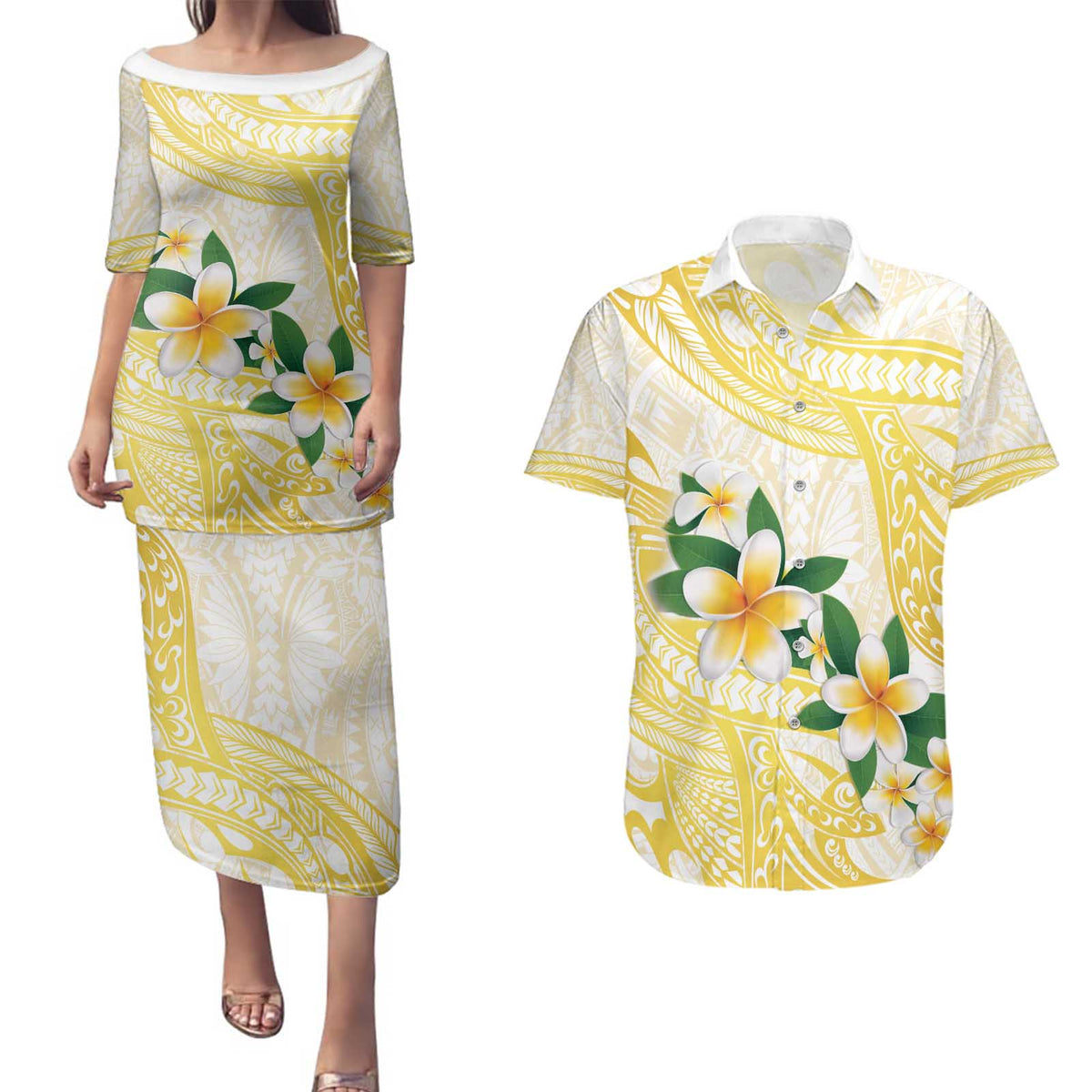 Gold And White Polynesia Plumeria Couples Matching Puletasi and Hawaiian Shirt Curves Tropical Vibes