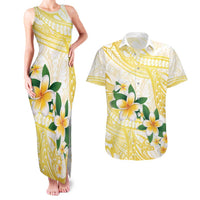 Gold And White Polynesia Plumeria Couples Matching Tank Maxi Dress and Hawaiian Shirt Curves Tropical Vibes