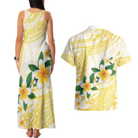 Gold And White Polynesia Plumeria Couples Matching Tank Maxi Dress and Hawaiian Shirt Curves Tropical Vibes