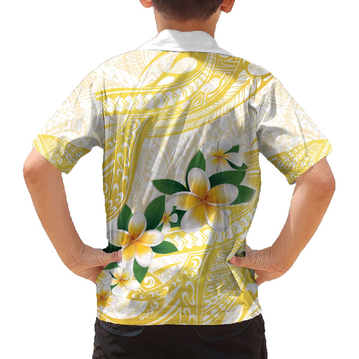 Gold And White Polynesia Plumeria Family Matching Off The Shoulder Long Sleeve Dress and Hawaiian Shirt Curves Tropical Vibes