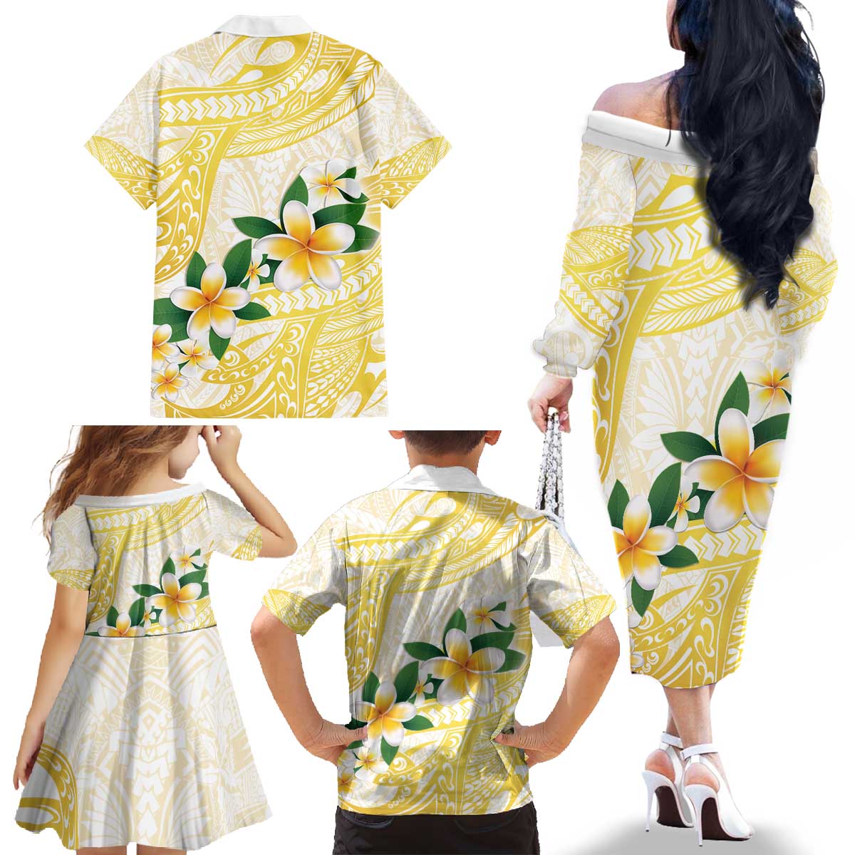 Gold And White Polynesia Plumeria Family Matching Off The Shoulder Long Sleeve Dress and Hawaiian Shirt Curves Tropical Vibes