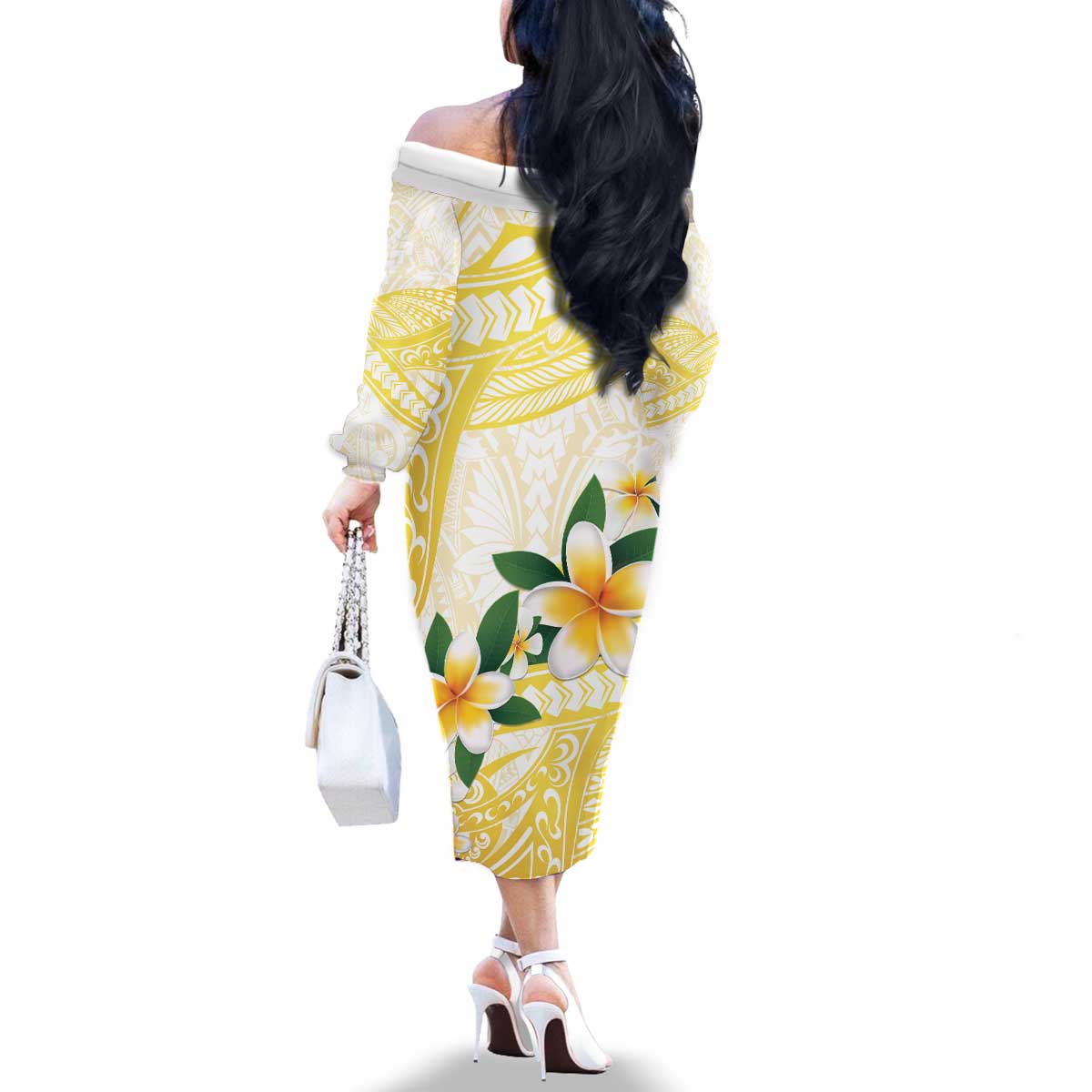 Gold And White Polynesia Plumeria Family Matching Off The Shoulder Long Sleeve Dress and Hawaiian Shirt Curves Tropical Vibes