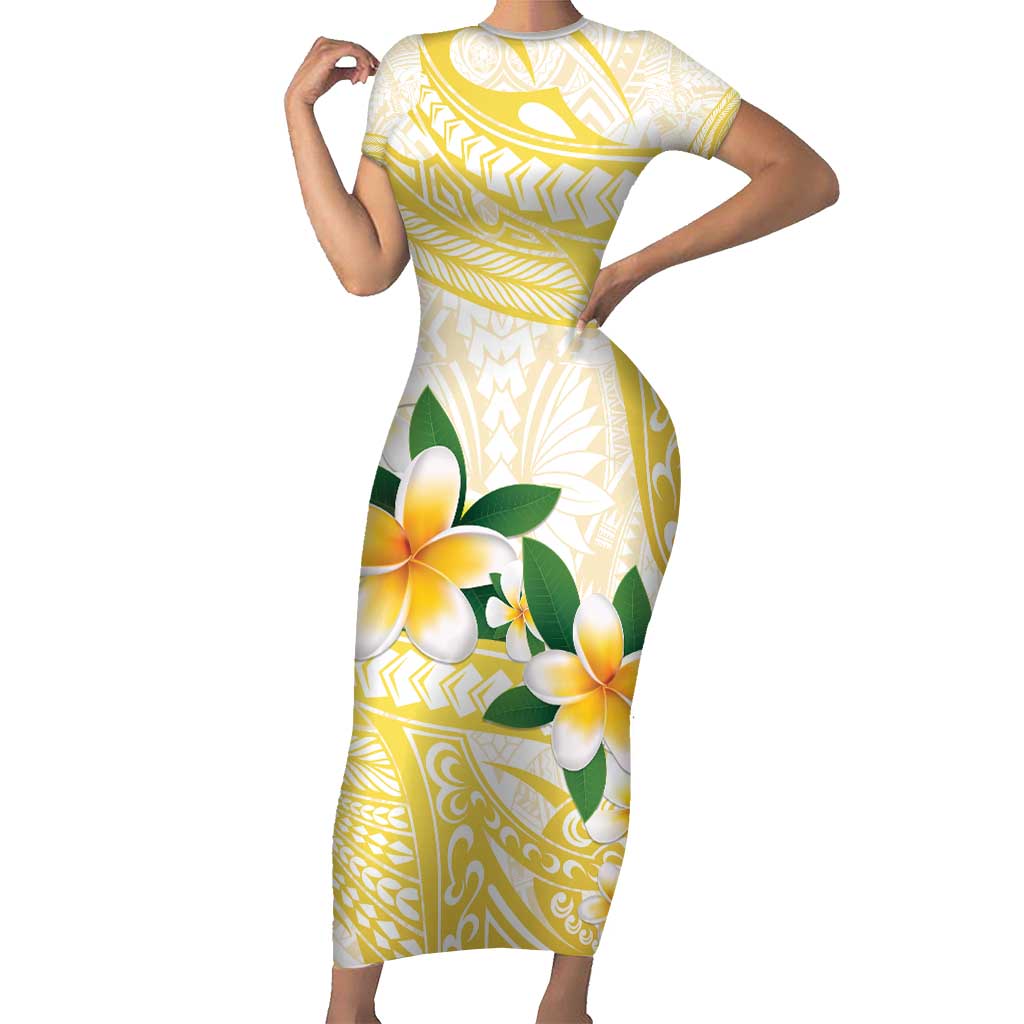 Gold And White Polynesia Plumeria Family Matching Short Sleeve Bodycon Dress and Hawaiian Shirt Curves Tropical Vibes