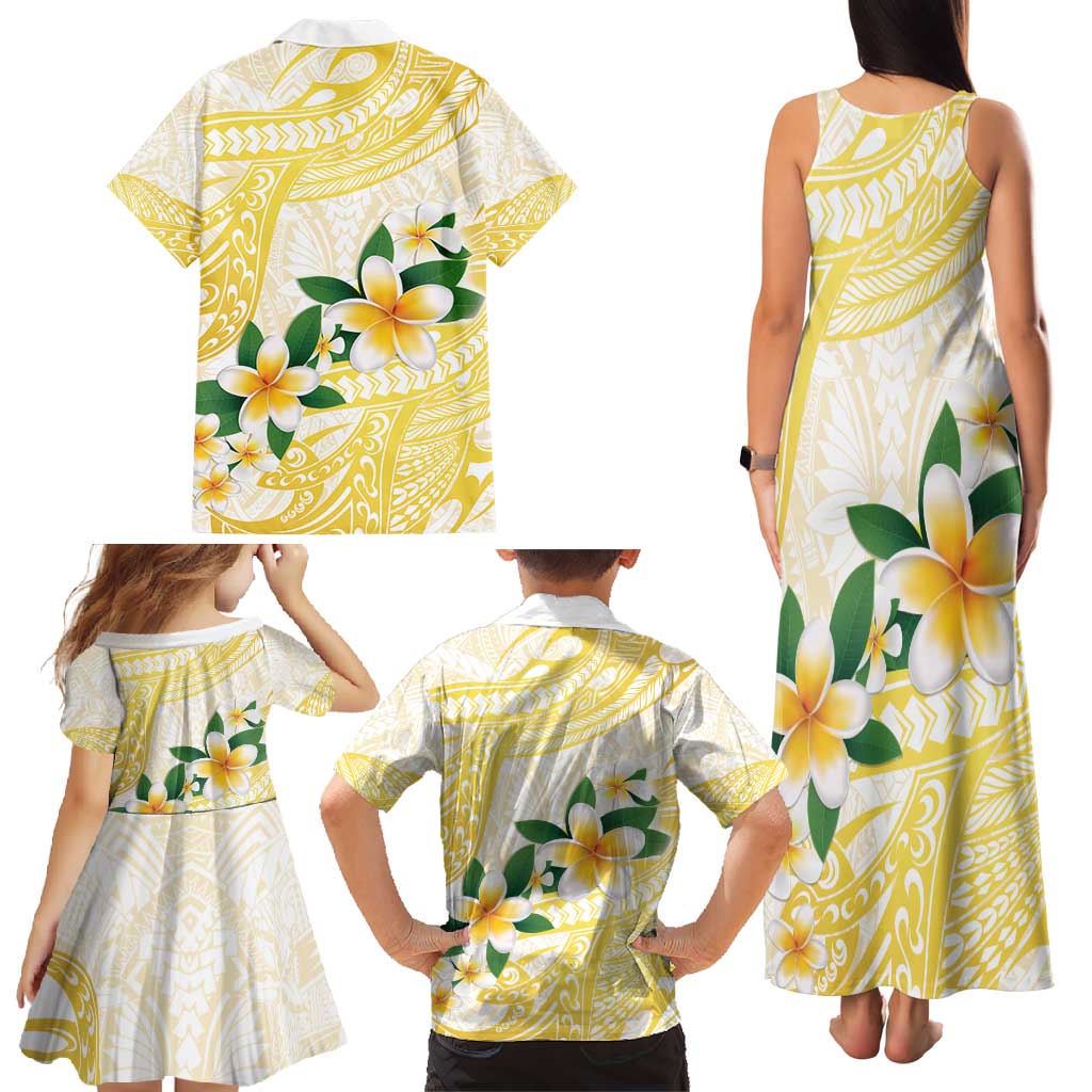 Gold And White Polynesia Plumeria Family Matching Tank Maxi Dress and Hawaiian Shirt Curves Tropical Vibes