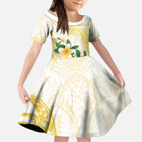 Gold And White Polynesia Plumeria Kid Short Sleeve Dress Curves Tropical Vibes LT14 KID Gold - Polynesian Pride
