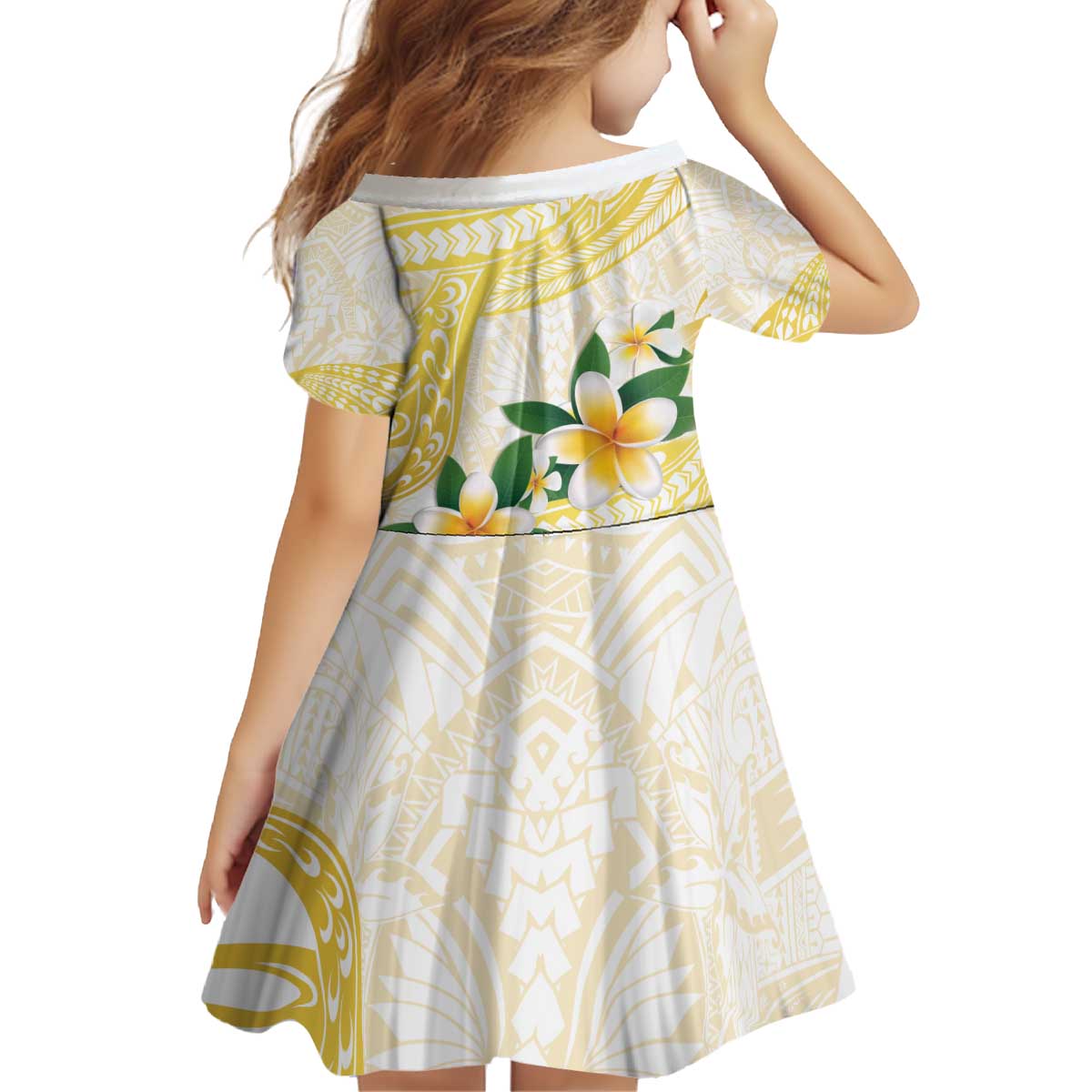 Gold And White Polynesia Plumeria Kid Short Sleeve Dress Curves Tropical Vibes LT14 - Polynesian Pride