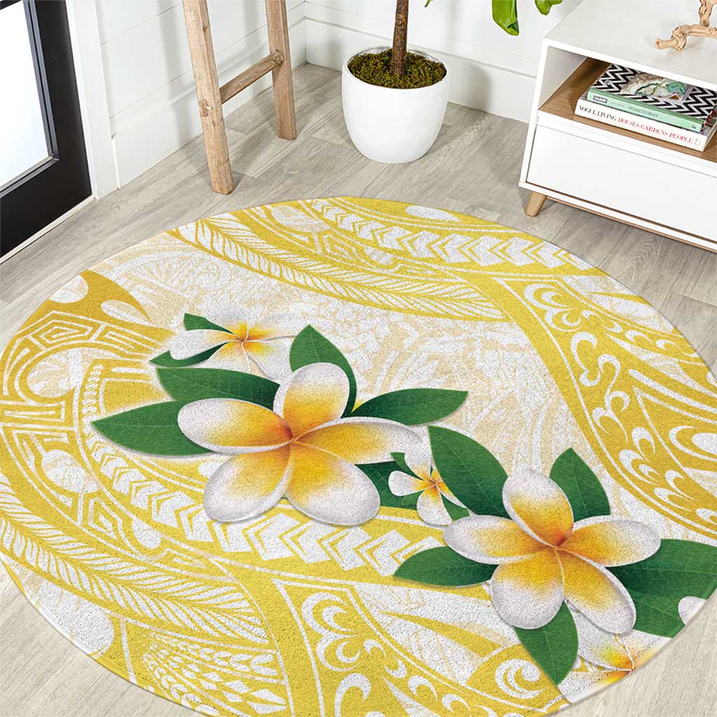 Gold And White Polynesia Plumeria Round Carpet Curves Tropical Vibes LT14 Gold - Polynesian Pride