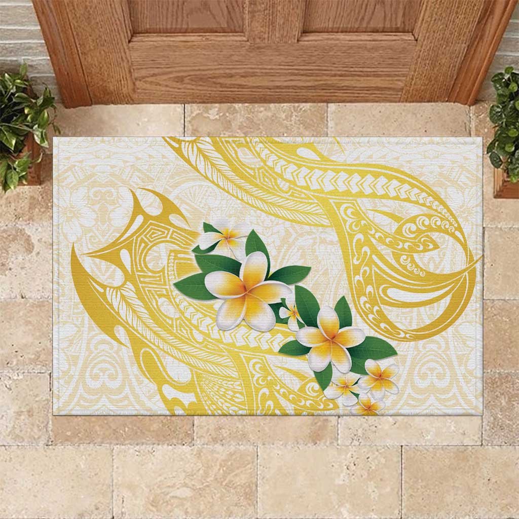 Gold And White Polynesia Plumeria Rubber Doormat Curves Tropical Vibes LT14 Gold - Polynesian Pride