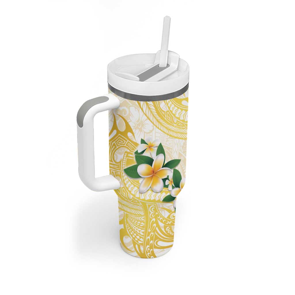 Gold And White Polynesia Plumeria Tumbler With Handle Curves Tropical Vibes