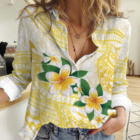 Gold And White Polynesia Plumeria Women Casual Shirt Curves Tropical Vibes