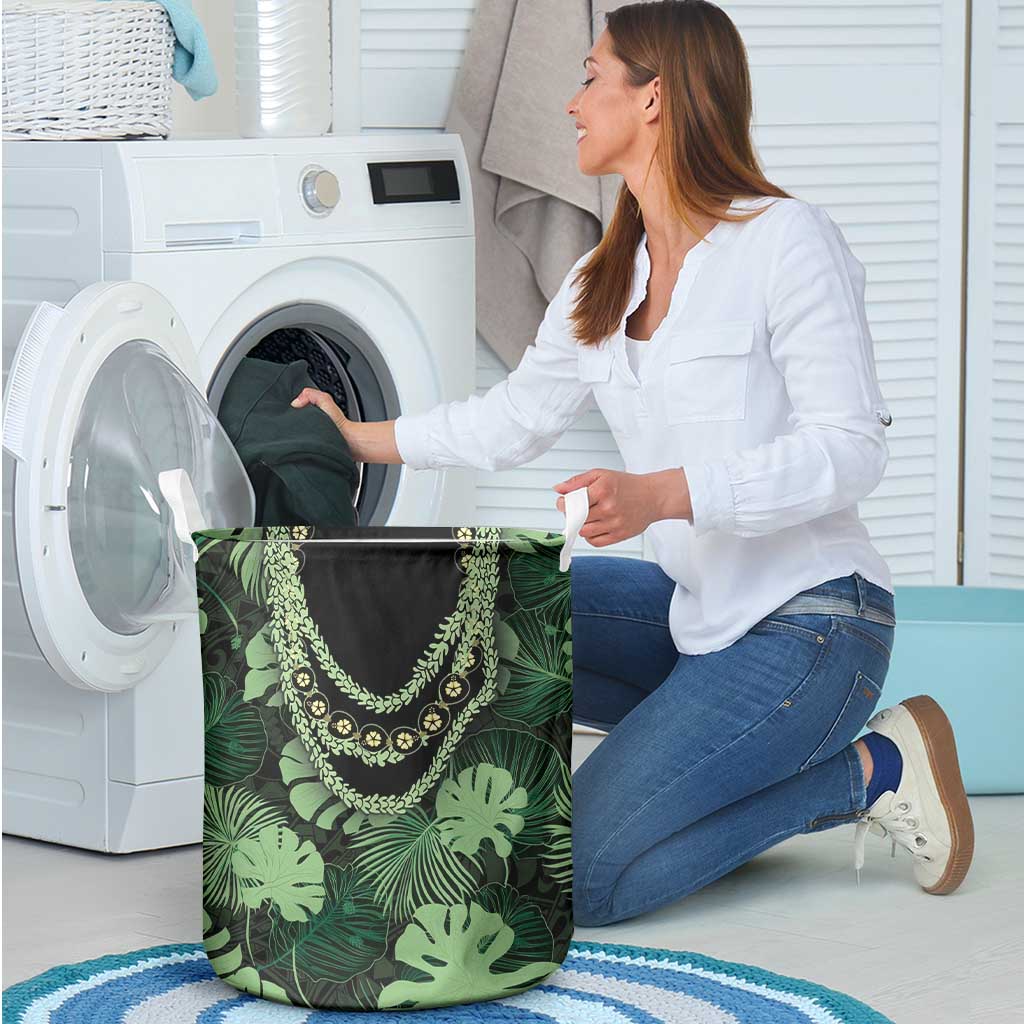 Green Hawaii Kukui Nut Lei Laundry Basket Hawaiian Pattern Monstera Tropical Vibes - Polynesian Pride