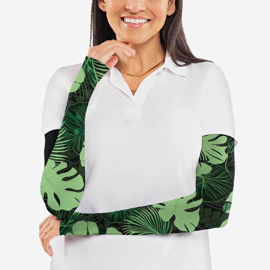 Green Hawaii Kukui Nut Lei Arm Sleeves Hawaiian Pattern Monstera Tropical Vibes - Polynesian Pride