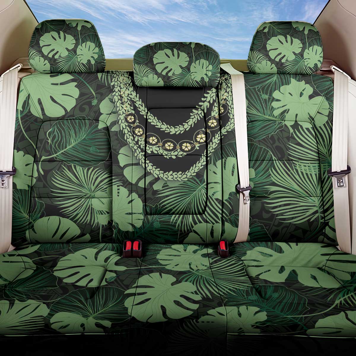 Green Hawaii Kukui Nut Lei Back Car Seat Cover Hawaiian Pattern Monstera Tropical Vibes - Polynesian Pride