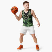 Green Hawaii Kukui Nut Lei Basketball Jersey Hawaiian Pattern Monstera Tropical Vibes - Polynesian Pride