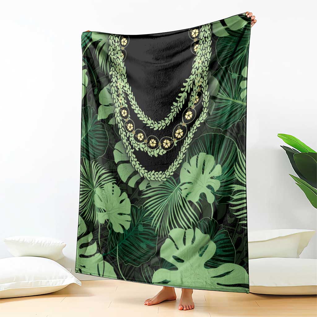 Green Hawaii Kukui Nut Lei Blanket Hawaiian Pattern Monstera Tropical Vibes - Polynesian Pride