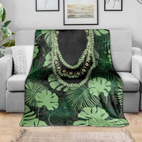 Green Hawaii Kukui Nut Lei Blanket Hawaiian Pattern Monstera Tropical Vibes - Polynesian Pride